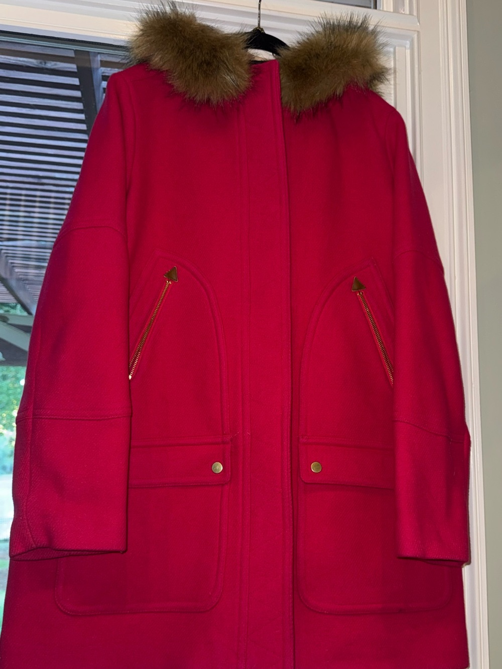 J.Crew Chateau Wool Parka Bright Magenta Pink Faux Fur Hood Coat